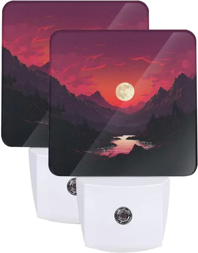 Vista 9 de Paquete de 2 luces LED de noche enchufables rojas al atardecer, luces nocturnas enchufables a la pared, lámpara de noche moderna con sensor de luz