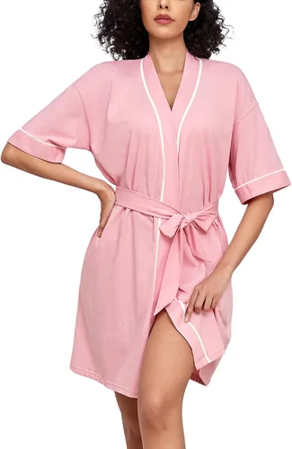 Vista 47 de COLORFULLEAF Bata de baño de manga corta para mujer, 100% algodón, longitud hasta la rodilla, con bolsillos
