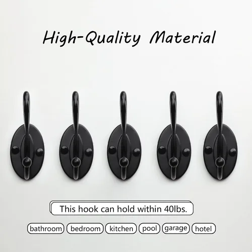 Vista 4 de 5 ganchos negros para abrigos montados en la pared, ganchos de pared negros mate con tornillos, ganchos de metal negro mate para toallas para baños