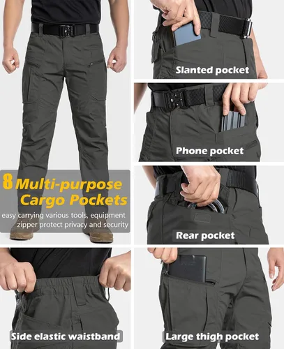 Vista 4 de CARWORNIC Pantalones tácticos ligeros para hombre, pantalones cargo militares, resistentes al agua, para senderismo, trabajo