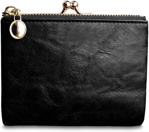 Vista 3 de Cartera para mujer pequeña plegable Rfid Mini monedero vintage con cremallera y cierre de beso (negro)