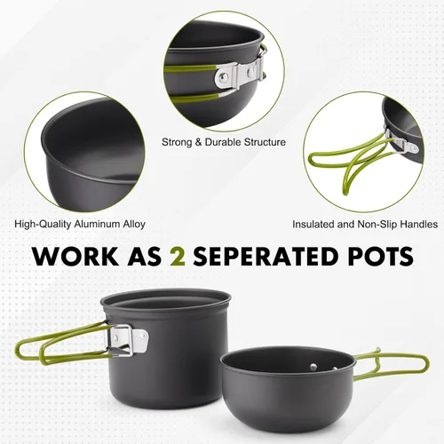 Vista 3 de Kit de utensilios de cocina para campamento, mochileros, ollas de 0.33 galones y sartenes de 0.17 galones, taza SUS304 de 0.08 galones, tenedores