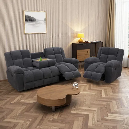 Vista 13 de Juego de sofá reclinable para muebles de sala de estar, juego de sofá y silla reclinable de pana verde, tela manual, sofá reclinable de 3 plazas