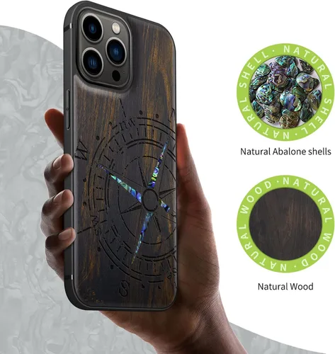 Vista 2 de Carveit Funda protectora de madera de diseñador para iPhone 13 Pro Max, cubierta magnética, grabado en madera e incrustaciones de concha, funda