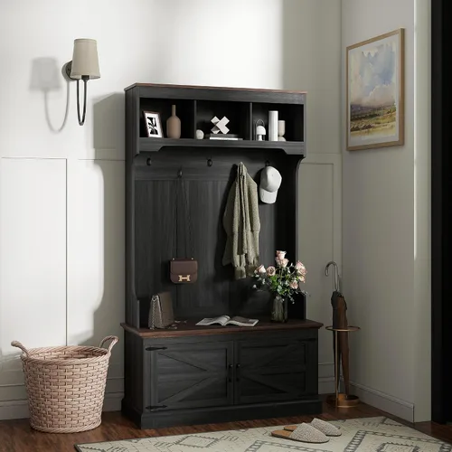 Vista 12 de HOMCOM Árbol de pasillo con almacenamiento de zapatos, perchero de entrada Grano de madera negro