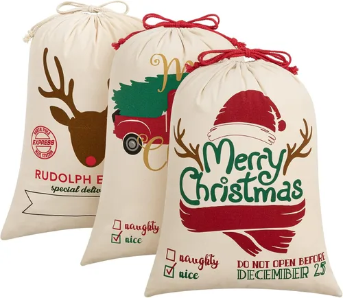 Vista 17 de HBlife Saco de lona de Papá Noel, bolsas grandes de Papá Noel de 19.7 x 27.6 pulgadas para regalos, sacos de Navidad personalizados para regalos