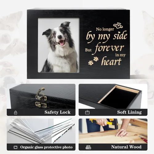 Vista 4 de Urnas para mascotas para perros o gatos cenizas con marco de fotos, caja de memoria de madera para recuerdos con franela negra como forro, regalos