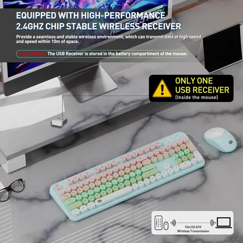 Vista 2 de FD Juego de teclado y mouse inalámbricos de 2.4 GHz con botón de interruptor, teclado de tamaño completo, compatible
