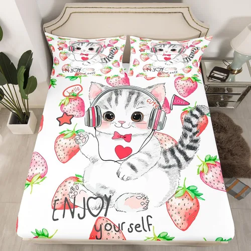 Vista 2 de Erosebridal Lindas sábanas de gato Kawaii fresa tamaño individual para niñas, diseño de arcoíris de dibujos animados, juegos de sábanas y fundas
