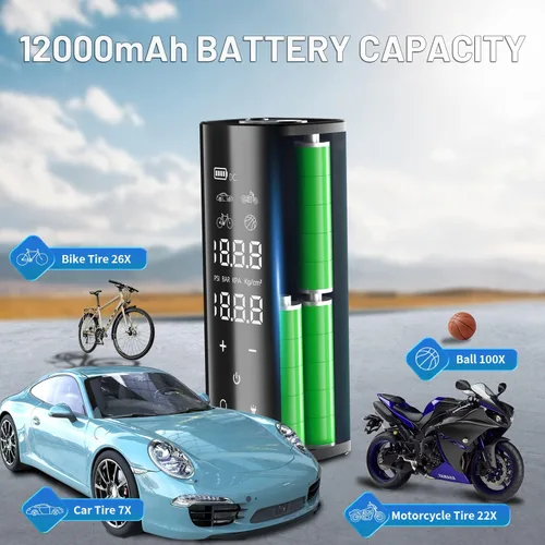 Vista 4 de Inflador de neumáticos Compresor de aire portátil, 150PSI Inalámbrico y 4 veces más rápido, Bomba de aire de 12000 mAh, Pantalla táctil completa
