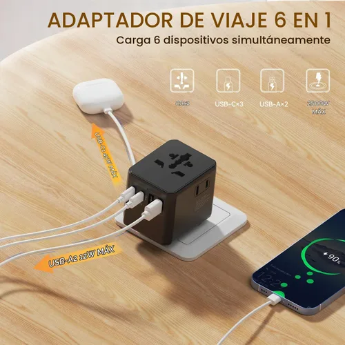 Vista 6 de Auxmir Adaptador de viaje universal, adaptador de enchufe de viaje de carga rápida PD de 45 W Negro
