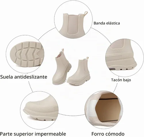 Vista 5 de Botas Chelsea de lluvia cortas para mujer, impermeables, antideslizantes en el tobillo Beige-e