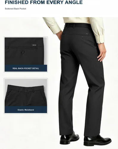 Vista 8 de Plaid&Plain Pantalones de vestir para hombre, elásticos, corte delgado, 4 direcciones de flexibilidad 7603# Negro