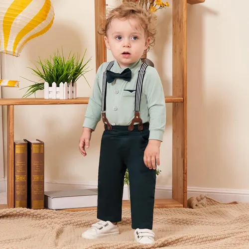 Vista 3 de SOLOYEE Ropa para bebé niño trajes de caballero para bebés, vestido de manga larga, pantalones con tirantes, corbatín, boina, sombrero de boina