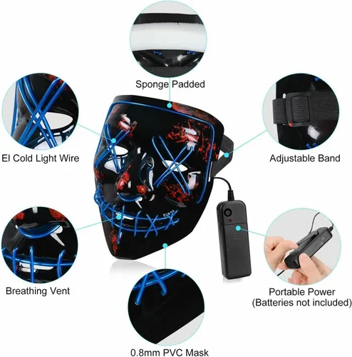 Vista 5 de Máscara LED de Purga de Halloween 2022, máscara con luz LED para hombres, máscara de disfraz brillante para mujeres, para adultos, niños, fiesta