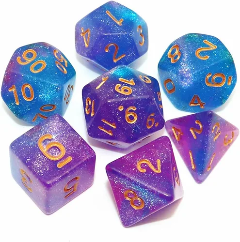 Vista 6 de Juego de dados poliédricos DND con brillo para juegos de rol de mazmorras y dragones (D&D) RPG, dados verdes mezclados con nebulosa negra