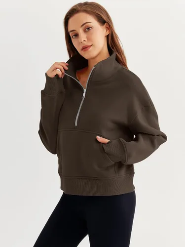 Vista 2 de Trendy Queen Sudaderas con media cremallera, sudaderas recortadas de gran tamaño para mujer de manga larga, Café