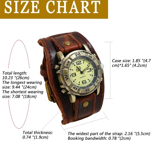 Vista 6 de JewelryWe Wide Leather Cuff Watch Vintage Retro Quartz Punk Wristwatches for Men Women Halloween Costumes for Christmas