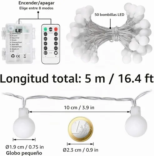 Vista 6 de Lighting EVER Guirnalda de luces con forma de globo, funciona con pilas, 16.4 pies, 50 luces LED de bola pequeña decorativa con control remoto