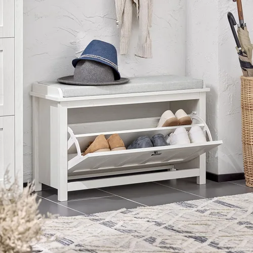 Vista 3 de Haotian Banco de almacenamiento de zapatos, para entrada, zapatero para pasillo, zapatero pequeño con cajón abatible y cojín de asiento, blanco