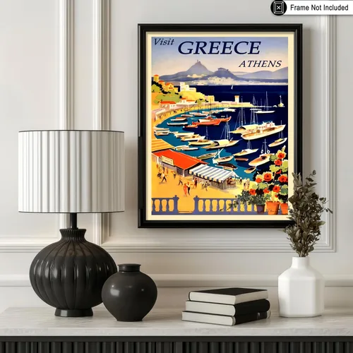 Vista 3 de Poster Master Póster de viaje vintage, impresión de Grecia, arte de Atenas, arte de la bahía de Castella, regalo costero para él, ella, amante
