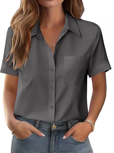 Vista 13 de Zeagoo Blusa de manga corta con botones para mujer, con bolsillo en el busto, para negocios, casual, para el trabajo, trajes de verano