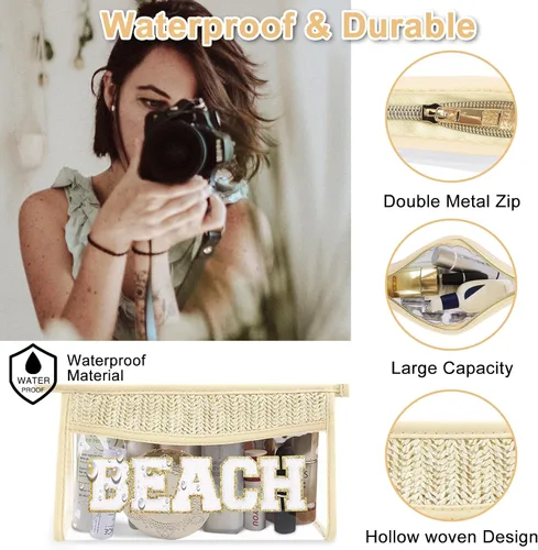 Vista 3 de Iqimott 2 bolsas de maquillaje con parches transparentes, bolsa de letras boho para nadar en la playa, bolsas de maquillaje impermeables