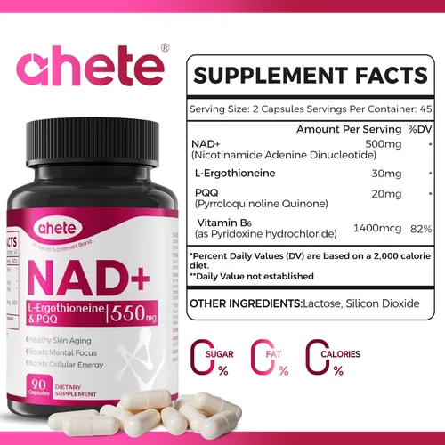 Vista 2 de Suplemento NAD con L-ergotioneína, PQQ, vitamina B6 y suplemento NMNH - para salud celular, apoyo energético y envejecimiento saludable para mujeres