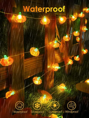 Vista 6 de Paquete de 2 guirnaldas de 30 luces LED de calabaza para decoración de otoño, funciona