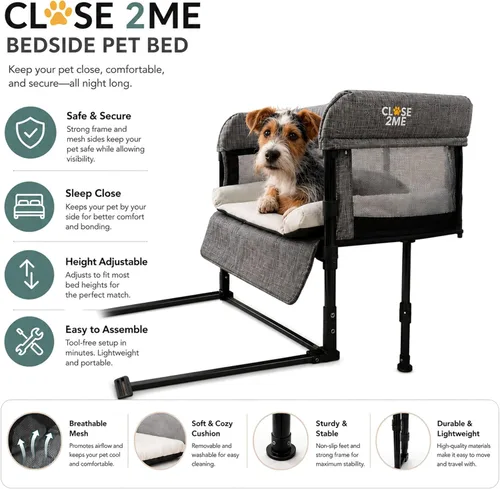 Vista 5 de Englacha Close2me Cama de Mascotas al Lado de la Cama para Gatos y Perros, Cuna Elevada para Perros con Laterales, Cuna para Perros