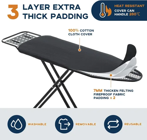 Vista 3 de Tabla de Planchar de Tamaño Completo, RAINHOL 54"x13" Tabla de Planchar Compacta de Servicio Pesado con Descanso para Plancha, Cubierta Resistente