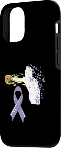 Vista 2 de Funda para iPhone 14 con cinta de concientización sobre el cáncer, color lavanda, sobreviviente de lucha contra el cáncer