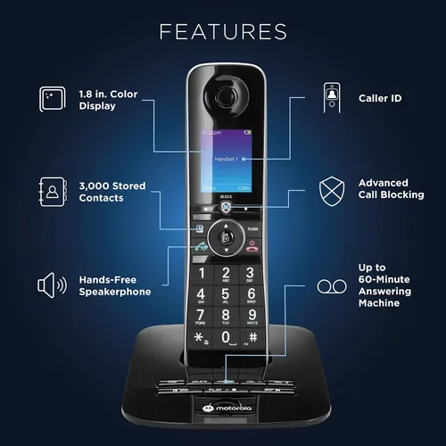 Vista 3 de Motorola Voice D8713 - Sistema de teléfono inalámbrico con 3 teléfonos digitales + Bluetooth a celda, contestador automático, bloque de llamadas