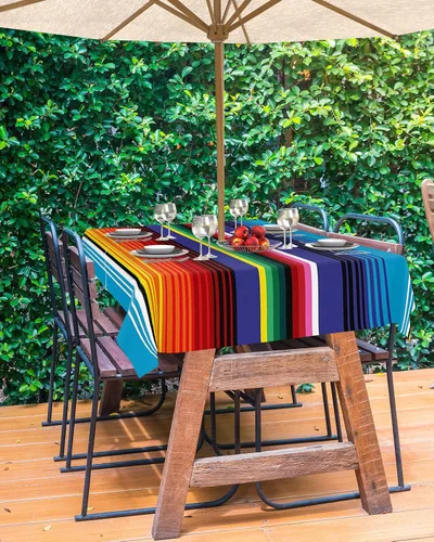 Vista 3 de Mantel rectangular a rayas de México para exteriores con agujero para paraguas, 60 x 84 pulgadas, sin arrugas, mantel de tela lavable, cubierta