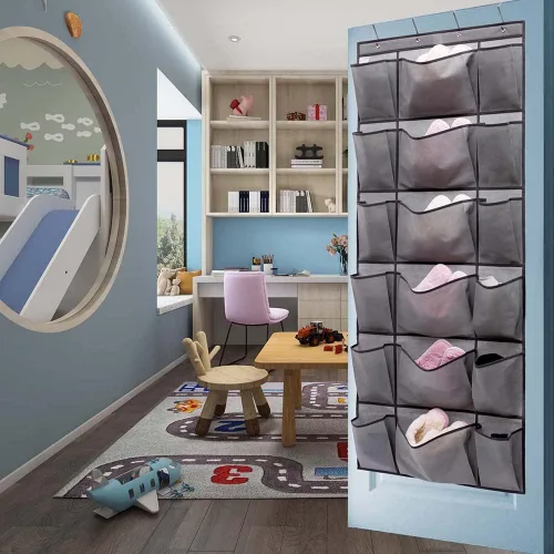 Vista 5 de Organizador de zapatos para colgar sobre la puerta con 6 bolsillos de tela extra grandes y 12 grandes para almacenamiento en el hogar (gris)