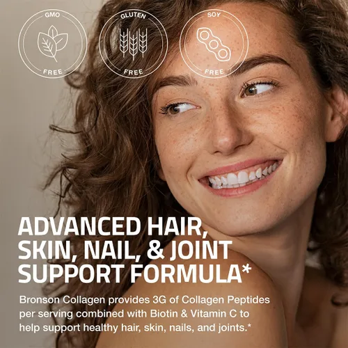 Vista 4 de Bronson Péptidos de colágeno 3000mg (por porción) con biotina y vitamina C - para el apoyo del cabello, la piel y las uñas, sin OGM, 90 tabletas