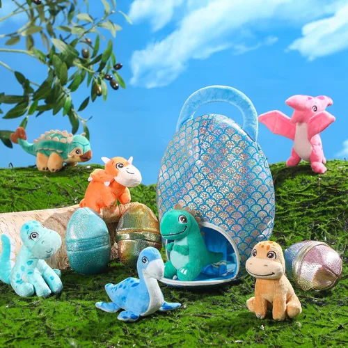 Vista 4 de Zhanmai Juego de 11 Piezas de Animales de Peluche de Dinosaurio de Pascua Pequeños Juguetes de Peluche de Dino y Conjunto de Bolsa de Huevo Lindos