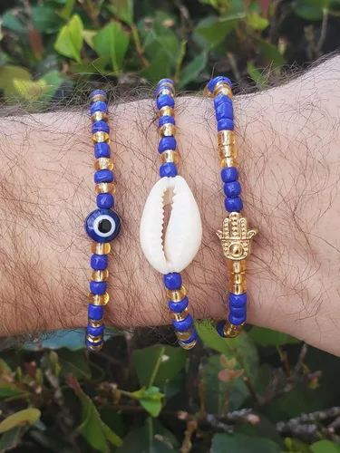 Vista 21 de 3 pcs Ilde Cowrie seashell Evil Eye Hamsa Hand Orisha Santeria Pulseras Bracelet Set