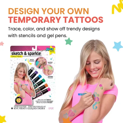 Vista 2 de Alex Spa Sketch and Sparkle - Bolígrafos para tatuajes, actividades de moda para niñas