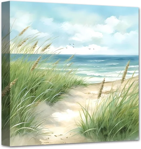 Vista 7 de LZIMU Arte de pared costero, silla de playa junto al mar, impresión en lienzo, pintura relajante de paisaje marino, arte de orilla relajante azul