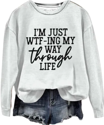 Vista 2 de Moda cuello redondo casual estampado de letras de manga larga Top mujer simple suelta plisada sudadera elegante con cremallera