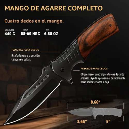 Vista 2 de Cuchillo de bolsillo para hombres con mango de madera, rompedor de vidrio y clip de bolsillo, hoja afilada de 3.66 pulgadas, cuchillos plegables 1.