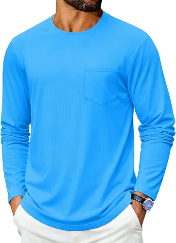Vista 11 de Cotrasen Camisetas de manga larga para hombre de algodón con cuello redondo, camisetas T con bolsillo que absorben la humedad, suaves, cómodas