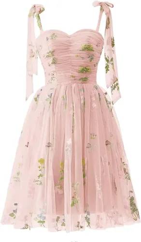 Vista 14 de Fivsole Vestido corto con bordado de flores para adolescentes, vestido de tul con tirantes delgados, mini formal, cóctel, fiesta de noche, vestidos