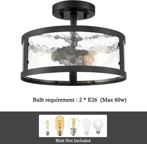 Vista 4 de Lámpara de techo semiempotrada de estilo casa de campo, accesorios de luz negra, 2 luces con vidrio martillado para dormitorio, cocina, baño, entrada