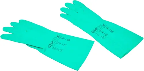 Vista 22 de Restaurantware Guantes de limpieza verdes, 10 pares de guantes de nitrilo de 15 mil de grosor, pequeños y resistentes con puño largo, forro