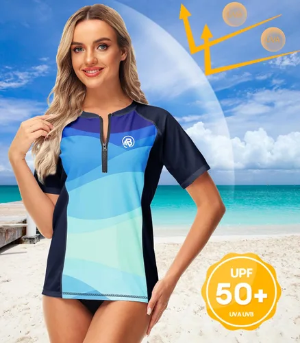 Vista 4 de AOBUTE Camiseta de natación de manga corta con cremallera UPF 50+ para mujer