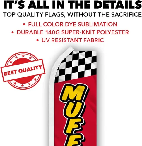 Vista 4 de Mufflers - Bandera publicitaria de Swooper roja y amarilla, perfecta para tiendas de rendimiento, mecánica, reparación de automóviles, tiendas