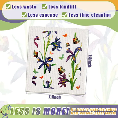 Vista 2 de Geiserailie 6 paños de cocina suecos con mariposas, flores silvestres, paños de cocina reutilizables, esponjas, absorbentes, de secado rápido