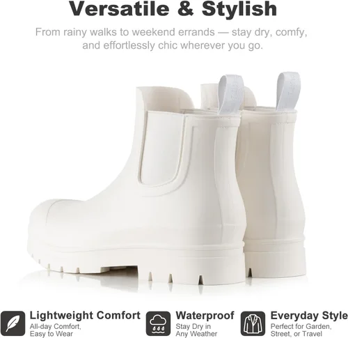Vista 7 de Planone - Botas cortas de lluvia de ancho amplio para mujer, Chelsea impermeables de moda para mujer, botas de jardín al aire libre mate, botas